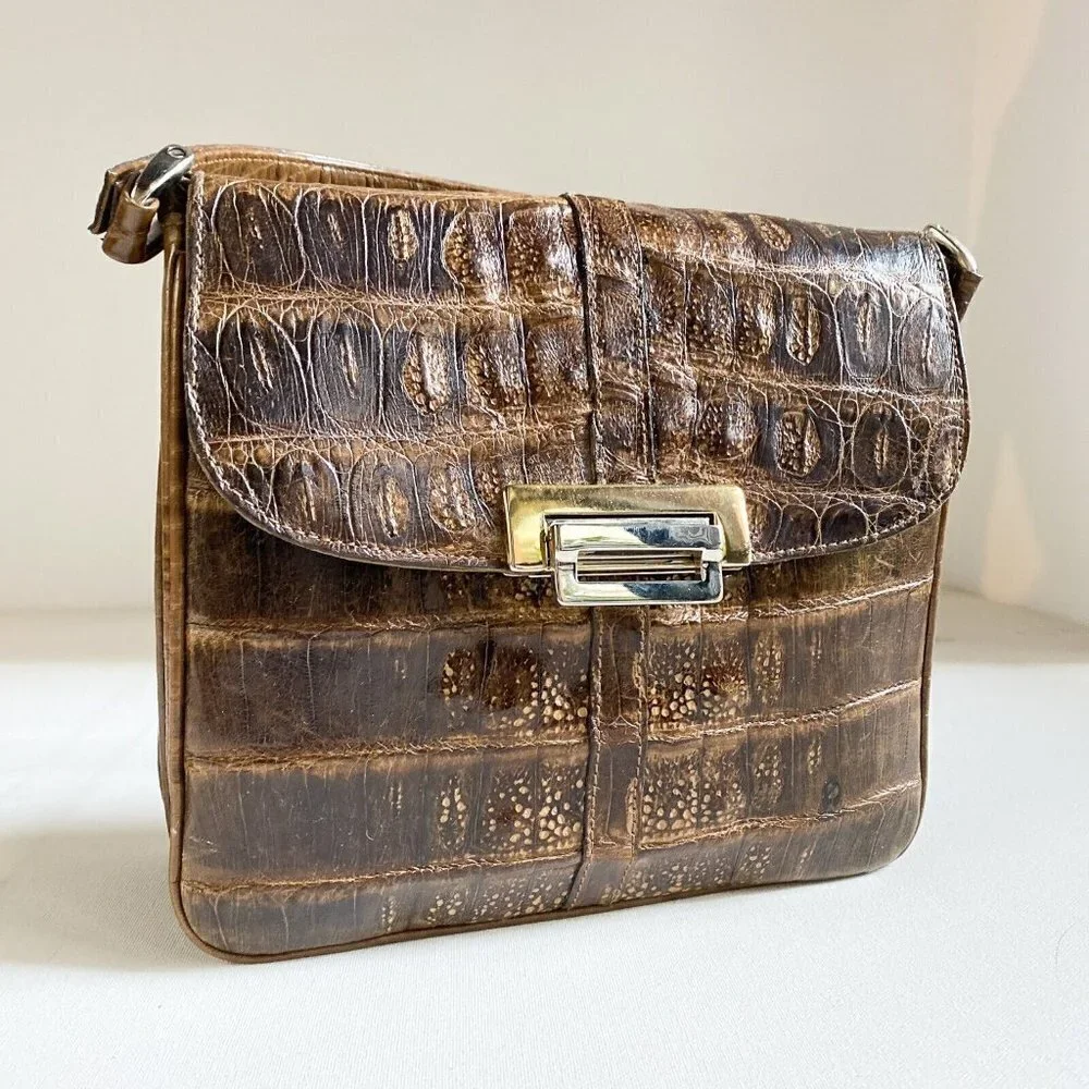 Vintage 50s 60s Faux Croc Skin Brown Square Handbag